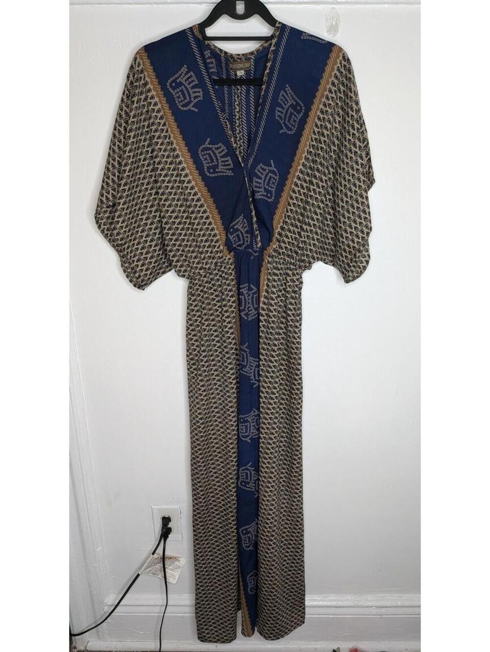 Brahmaloka Dress Womens S/M Beige Blue Floral Kaftan Maxi Kimono Sleeve Boho